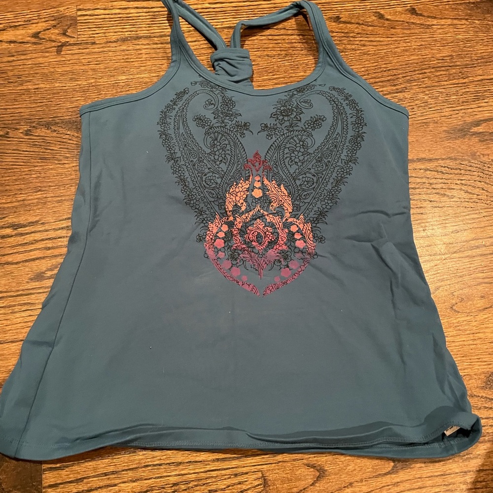Athleta Blue Tank Top with Black and Red Design